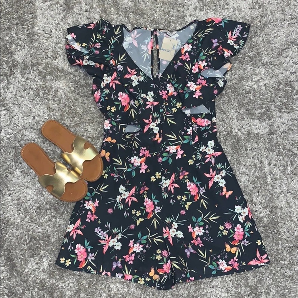 Belle and Sky black flower print romper!